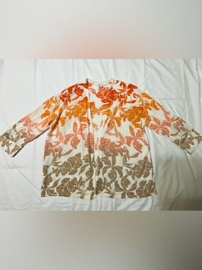Chico’s Open Front Cardigan XL Floral Orange Tan Lightweight Knit Women’s ombré